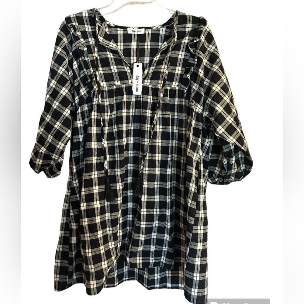 NWT Day+Moon Black White Gray Plaid Baby Doll Dress with Tassels Academia Small